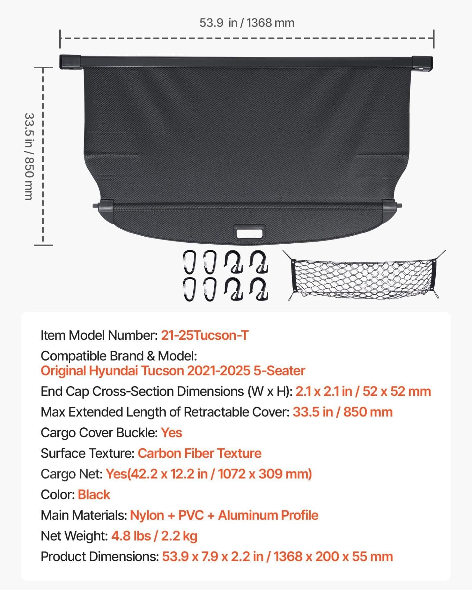 image-VEVOR Retractable Cargo Cover, Upgraded Carbon Fiber Texture Trunk Cover, Anti-Peeping Luggage Privacy Shield, Easy Installation Security Shade with Cargo Net, for Hyundai Tucson 2021-2025 5-Seater
