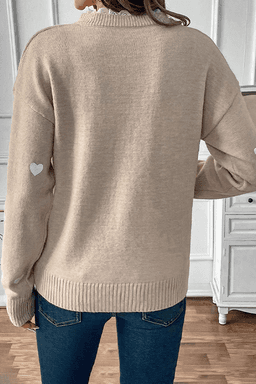 image-Smoke Gray Heart Print Lace Splicing V Neck Valentines Sweater
