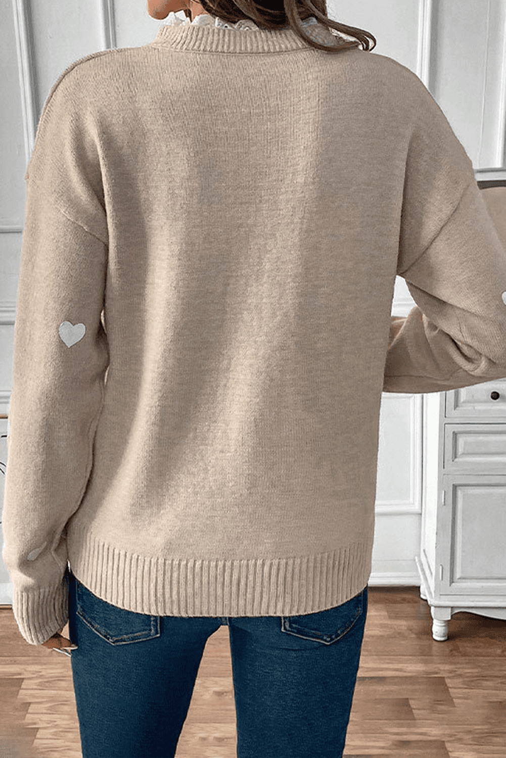image-Smoke Gray Heart Print Lace Splicing V Neck Valentines Sweater