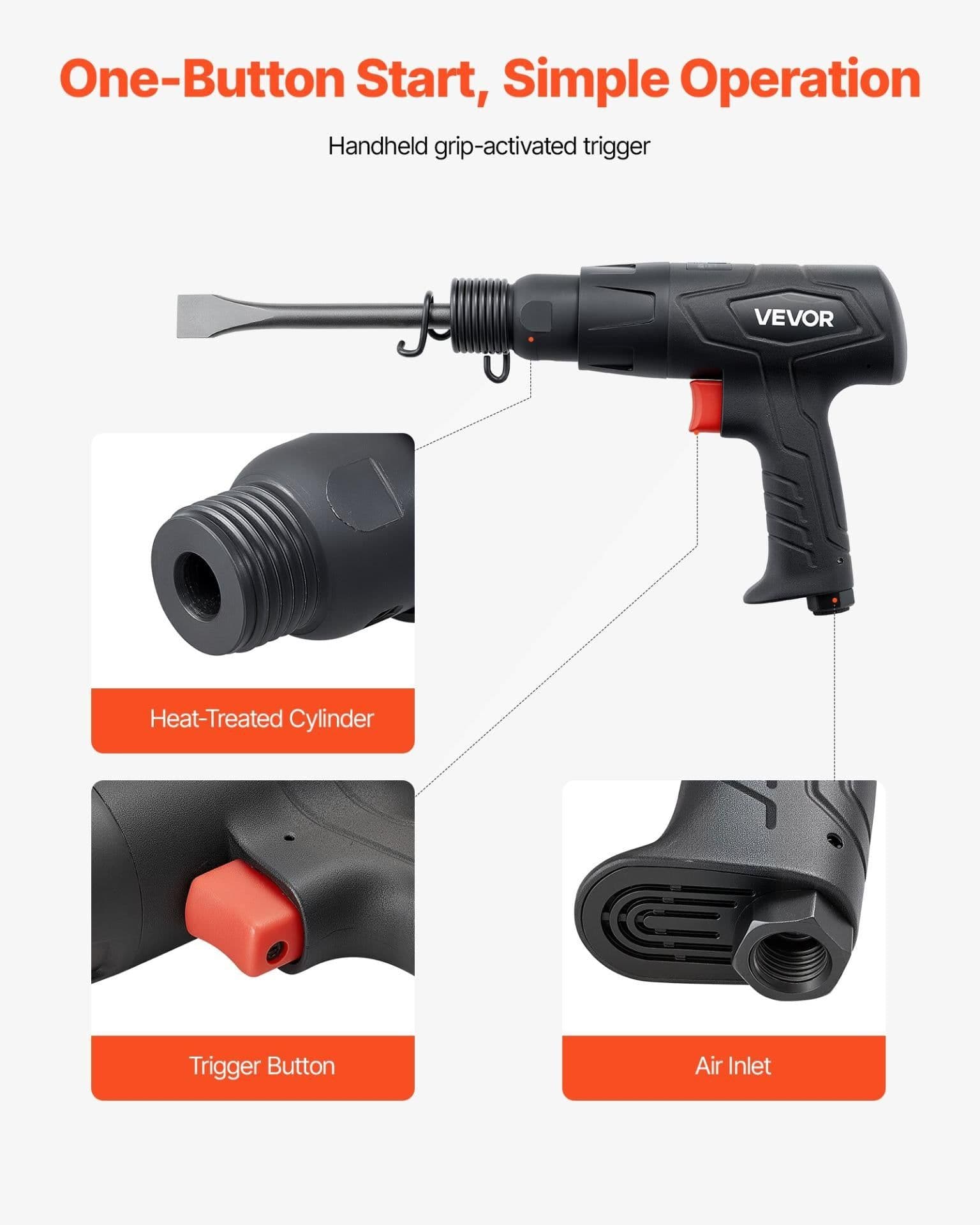 image-VEVOR Air Hammer, 2500-2700BPM Pneumatic Hammer with 2.76-inch Stroke & 4PCS 6.7" Long Barrel Chisels, Pistol-Grip Compact Air Chisel Pneumatic Shovel Tool for Cutting Scraping Demolishing