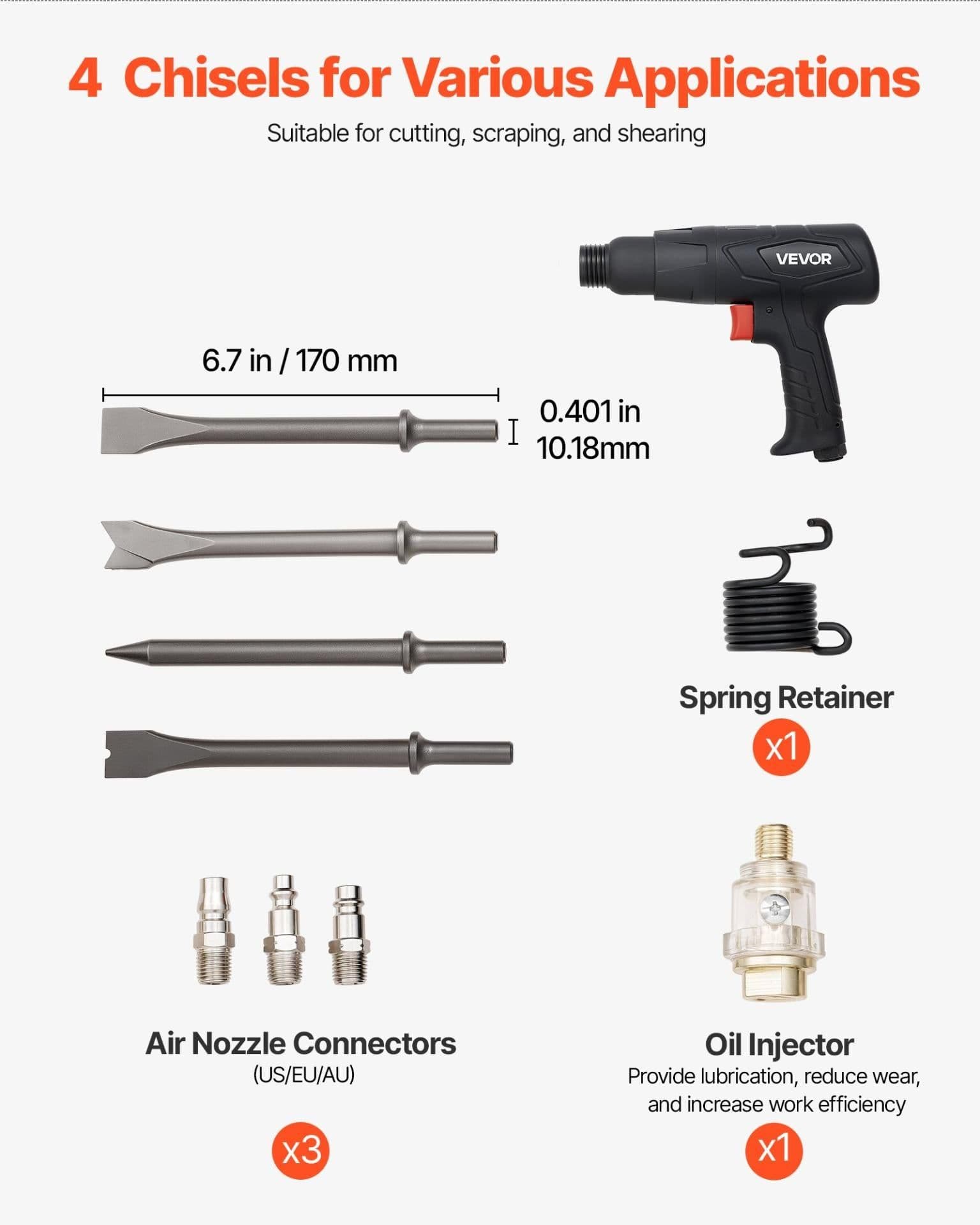 image-VEVOR Air Hammer, 2500-2700BPM Pneumatic Hammer with 2.76-inch Stroke & 4PCS 6.7" Long Barrel Chisels, Pistol-Grip Compact Air Chisel Pneumatic Shovel Tool for Cutting Scraping Demolishing