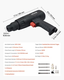 image-VEVOR Air Hammer, 2500-2700BPM Pneumatic Hammer with 2.76-inch Stroke & 4PCS 6.7" Long Barrel Chisels, Pistol-Grip Compact Air Chisel Pneumatic Shovel Tool for Cutting Scraping Demolishing
