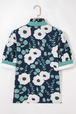 image-Blue Floral Striped Patchwork V Neck Blouse