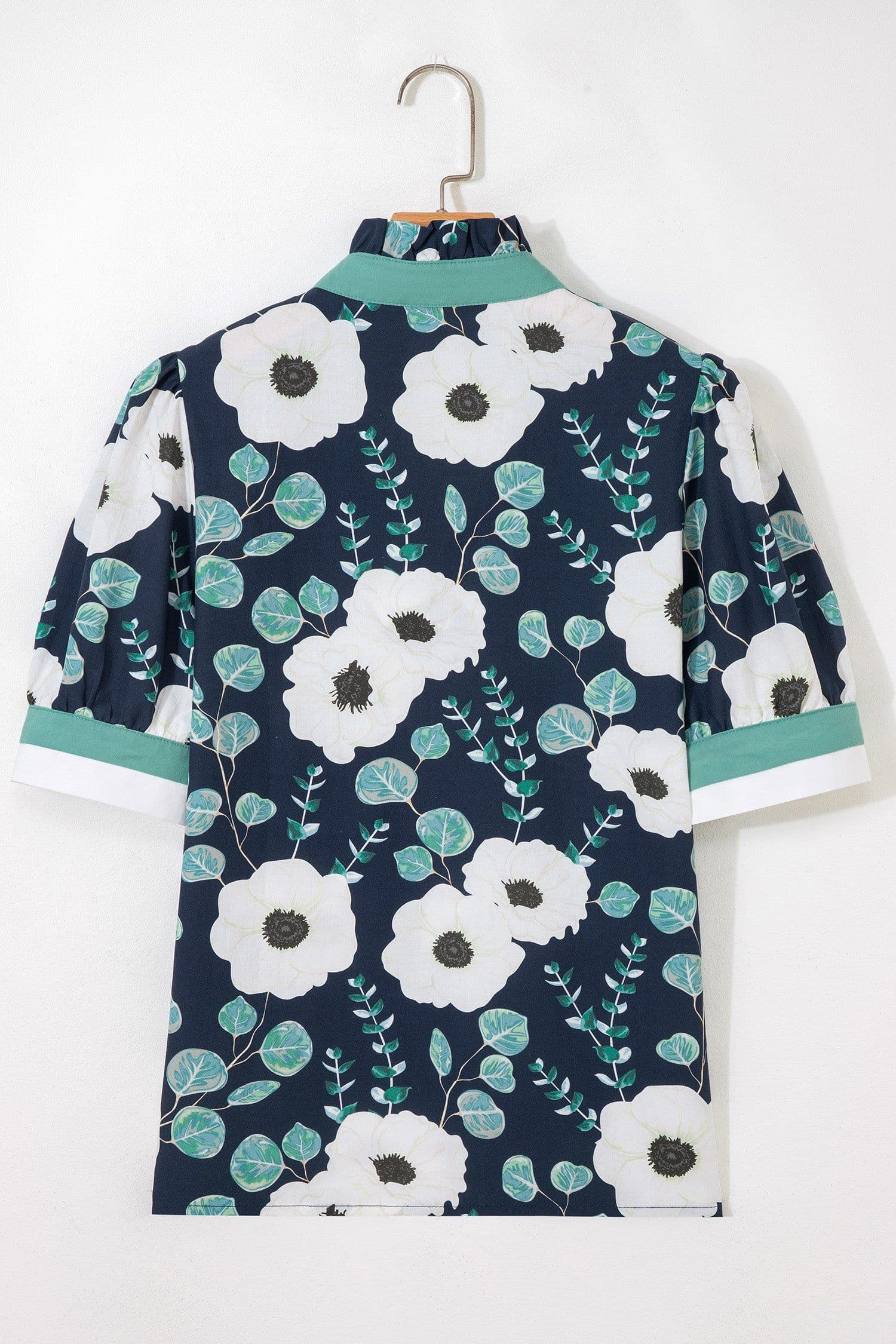 image-Blue Floral Print Striped Patchwork V Neck Short Sleeve Blouse