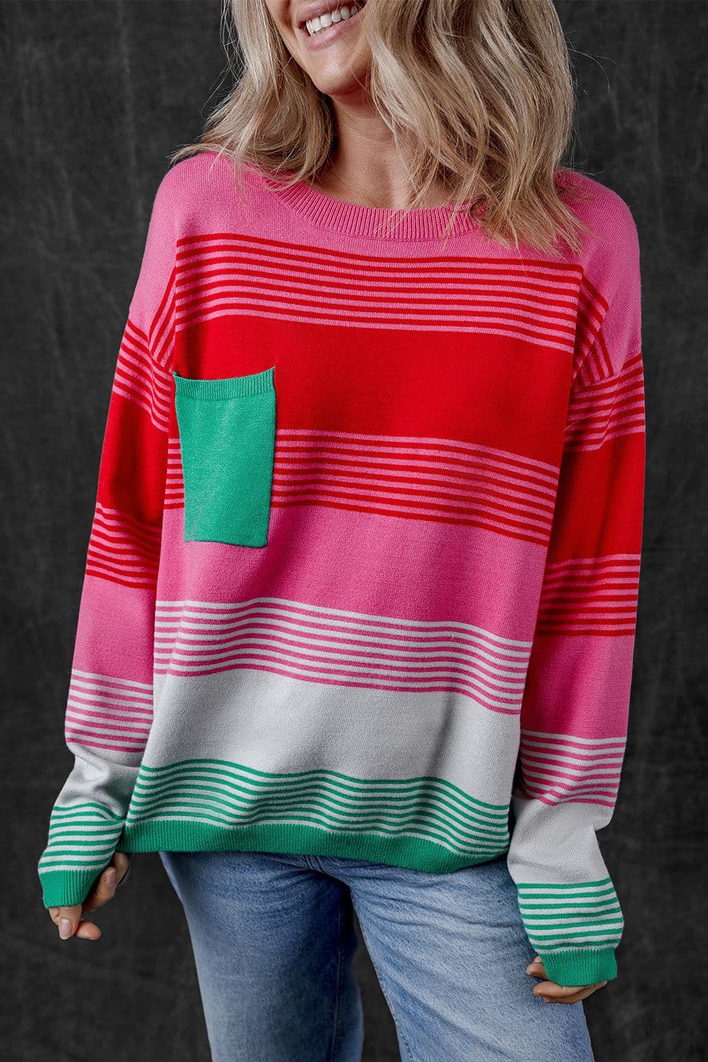 image-Striped Knit Patch Pocket Sweater - Drop Shoulder Design, Comfortable & Trendy