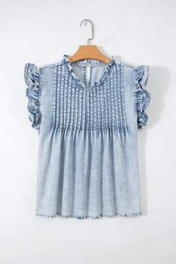 image-Beau Blue Ruffle Pleated Detail Vintage Washed Denim Top
