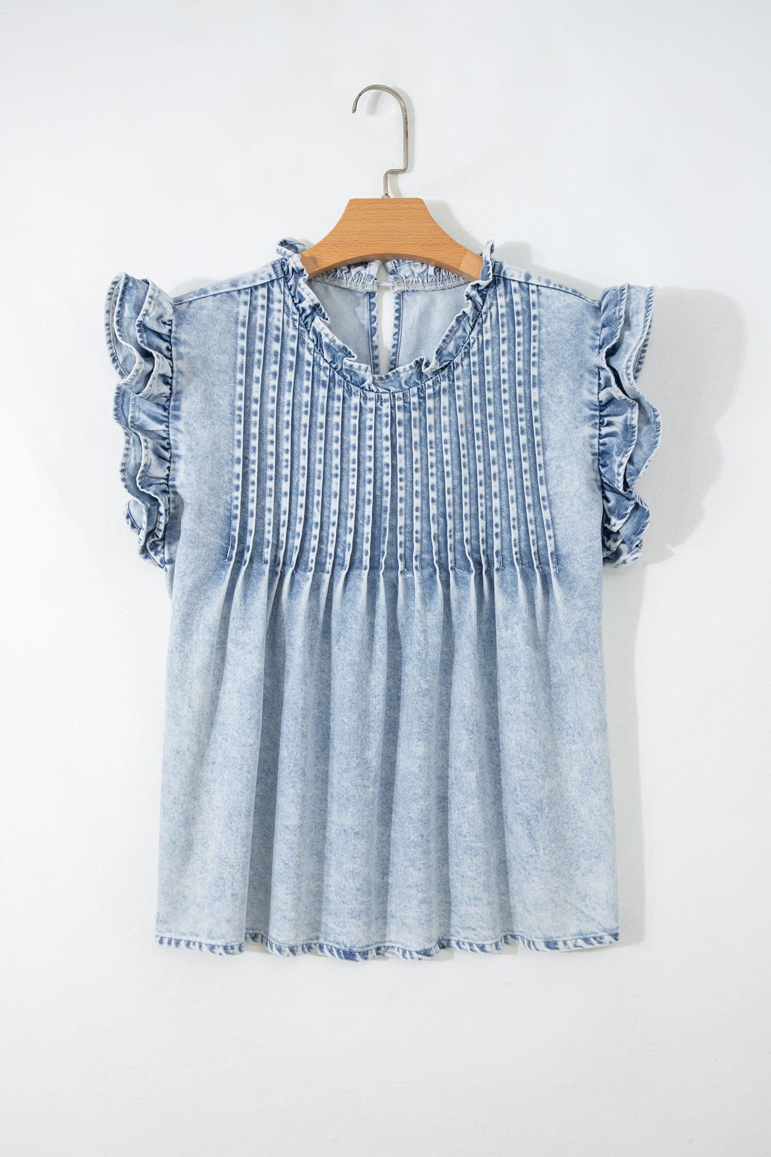image-Beau Blue Ruffle Pleated Detail Vintage Washed Denim Top