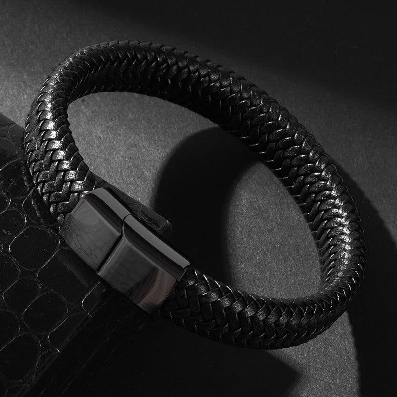 image-Titanium Steel Woven Leather Bracelet Unisex Geometric Black