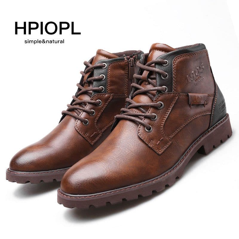 image-HPIOPL Men's Martin Boots Mid-Calf Side Zipper PU Leather Shoes