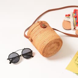 image-Handmade Rattan Woven Bucket Bag Mini Crossbody with Leather Buckle