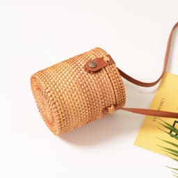 image-Handmade Rattan Woven Bucket Bag Mini Crossbody with Leather Buckle