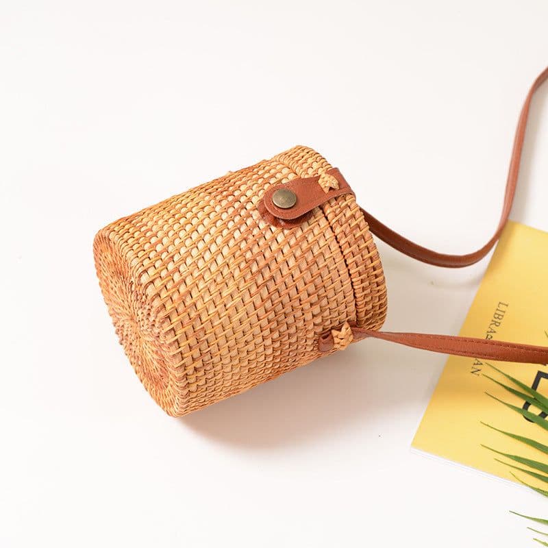 image-Handmade Rattan Woven Bucket Bag Mini Crossbody with Leather Buckle