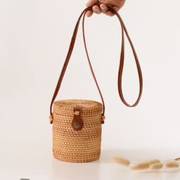 image-Handmade Rattan Woven Bucket Bag Mini Crossbody with Leather Buckle