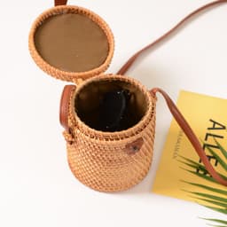 image-Handmade Rattan Woven Bucket Bag Mini Crossbody with Leather Buckle