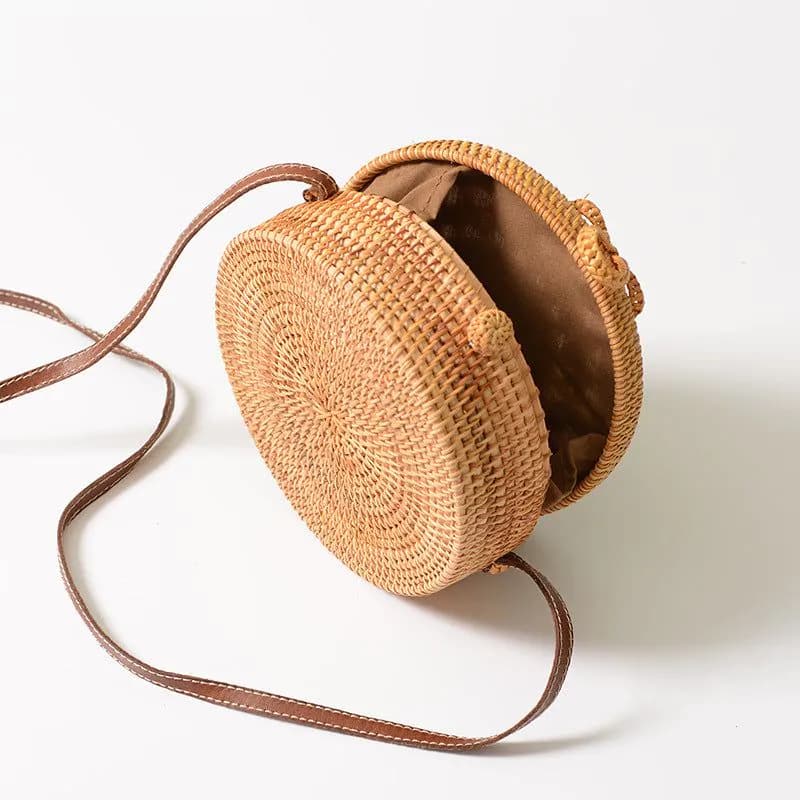image-Handmade Rattan Woven Round Bag 20cm Hollow Straw Crossbody Bag