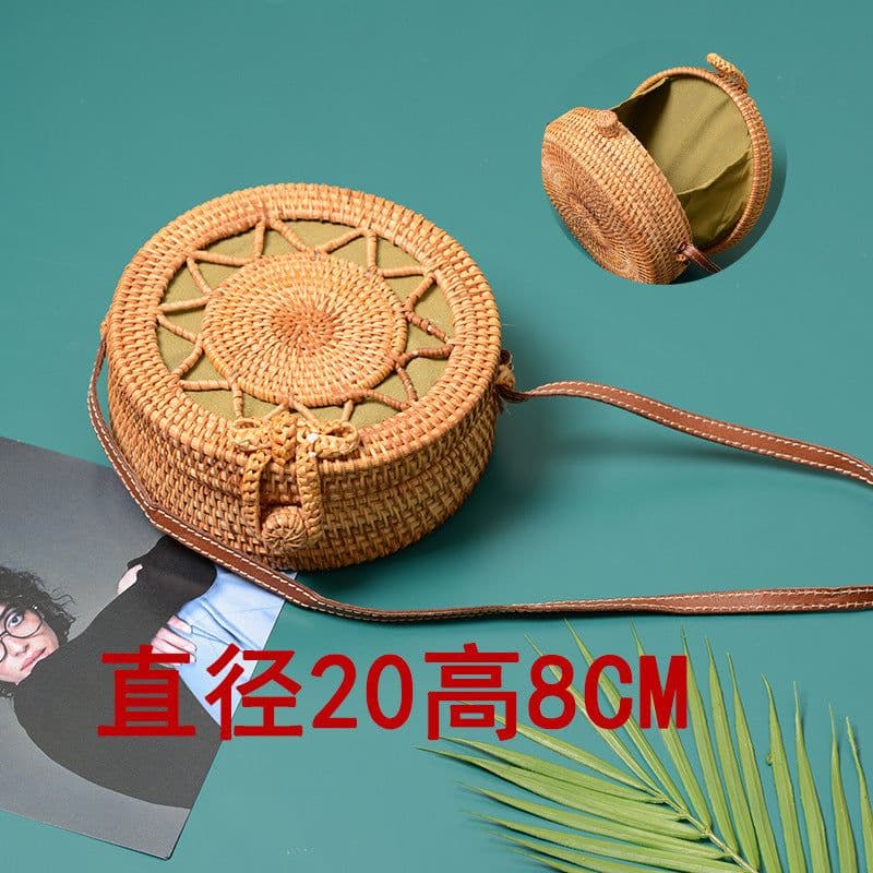 image-Handmade Rattan Woven Round Bag 20cm Hollow Straw Crossbody Bag