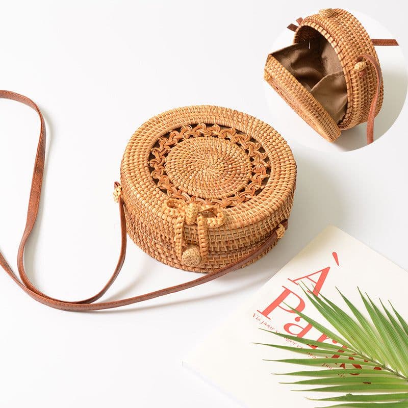 image-Handmade Rattan Woven Round Bag 20cm Hollow Straw Crossbody Bag
