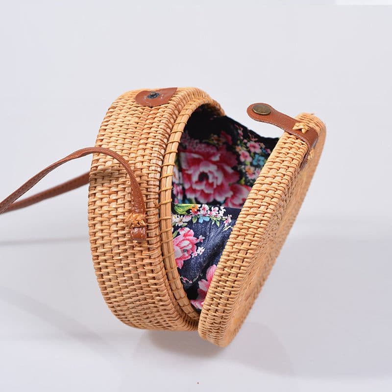 image-Handmade Rattan Woven Butterfly Bag Round Straw Messenger Bag Brown
