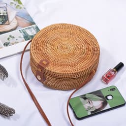 image-Handmade Rattan Woven Butterfly Bag Round Straw Messenger Bag Brown