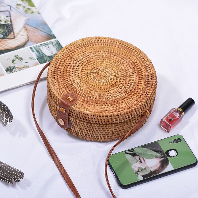 image-Handmade Rattan Woven Butterfly Bag Round Straw Messenger Bag Brown