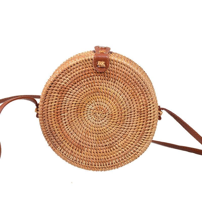 image-Handmade Rattan Woven Butterfly Bag Round Straw Messenger Bag Brown