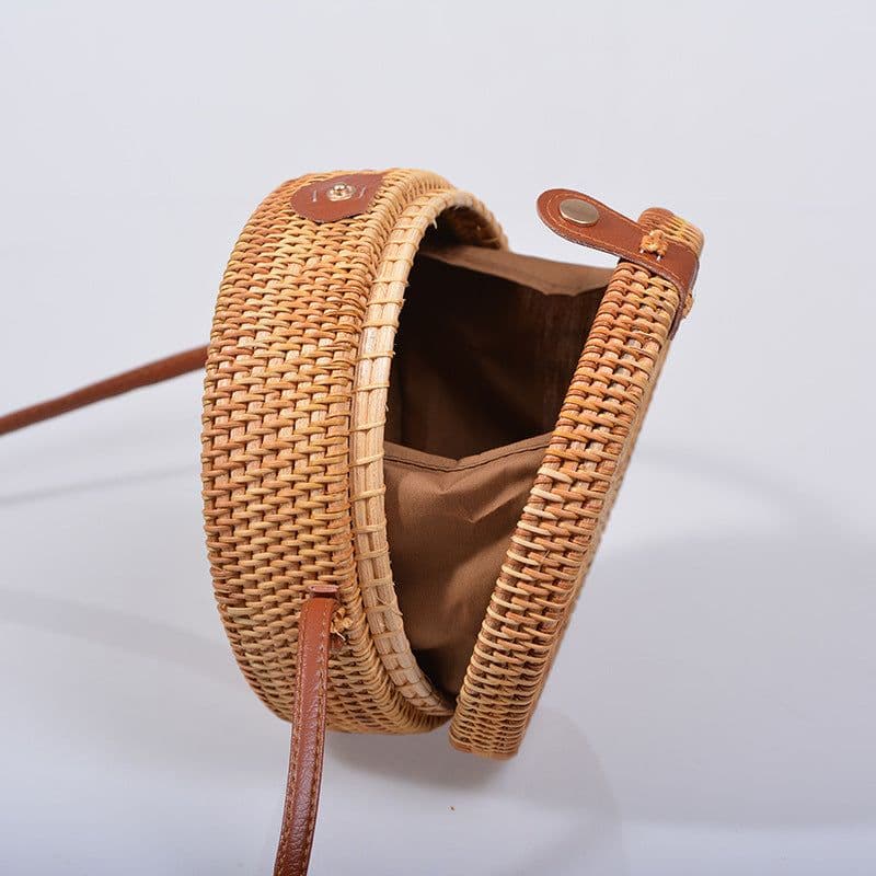 image-Handmade Rattan Woven Butterfly Bag Round Straw Messenger Bag Brown