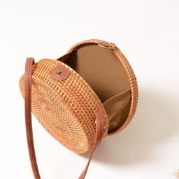 image-Handmade Rattan Woven Butterfly Bag Round Straw Messenger Bag Brown