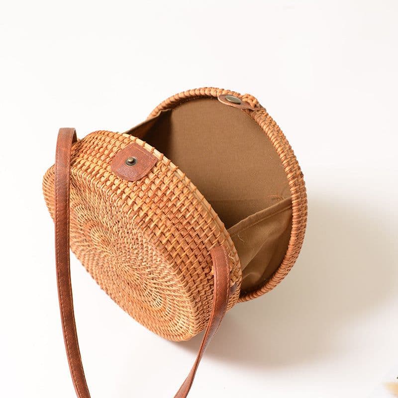 image-Handmade Rattan Woven Butterfly Bag Round Straw Messenger Bag Brown