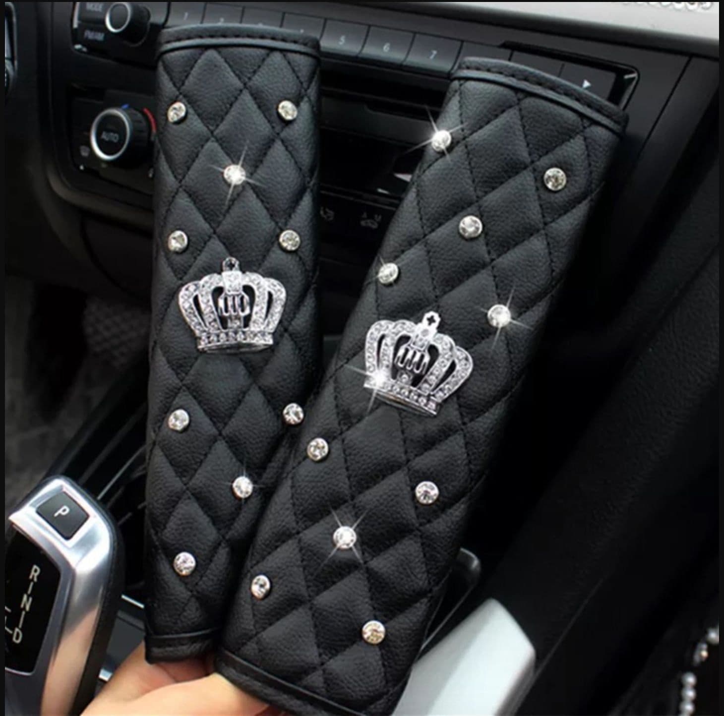 image-Crown Seat Belt Shoulder Pad with One-Button Start Ring Black