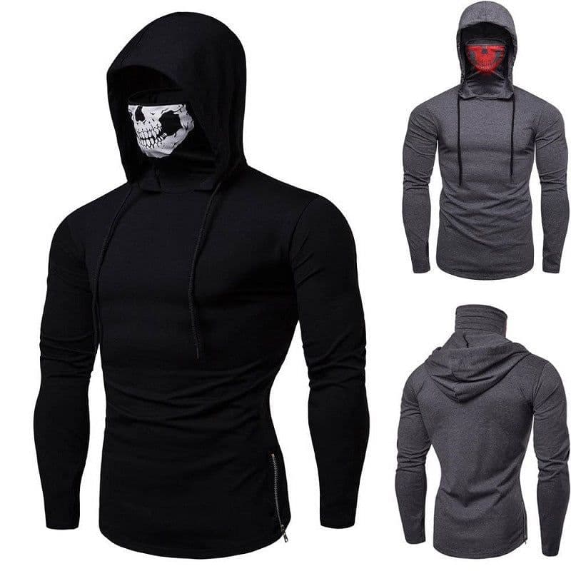 image-Men's Hooded Skull Print Long Sleeve T-Shirt Black High Neck