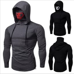 image-Men's Hooded Skull Print Long Sleeve T-Shirt Black High Neck