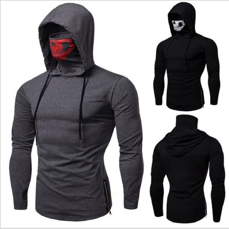 image-Men's Hooded Skull Print Long Sleeve T-Shirt Black High Neck