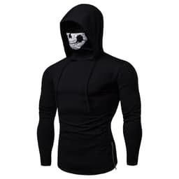 image-Men's Hooded Skull Print Long Sleeve T-Shirt Black High Neck