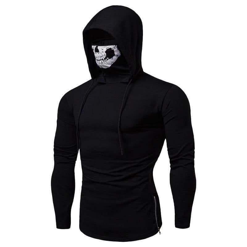 image-Men's Hooded Skull Print Long Sleeve T-Shirt Black High Neck