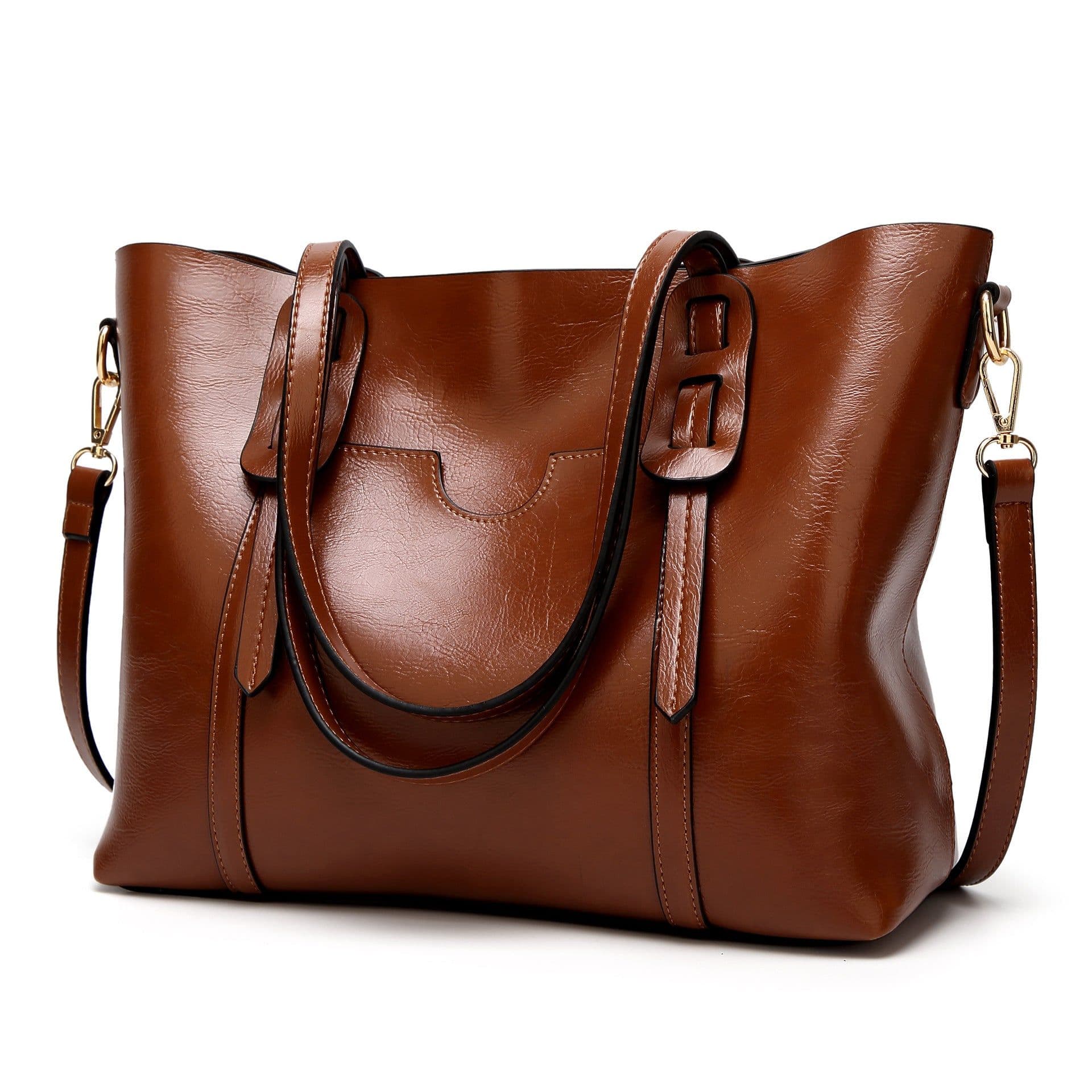 image-Han Yaris Women's PU Leather Tote Handbag - Brown Retro Style