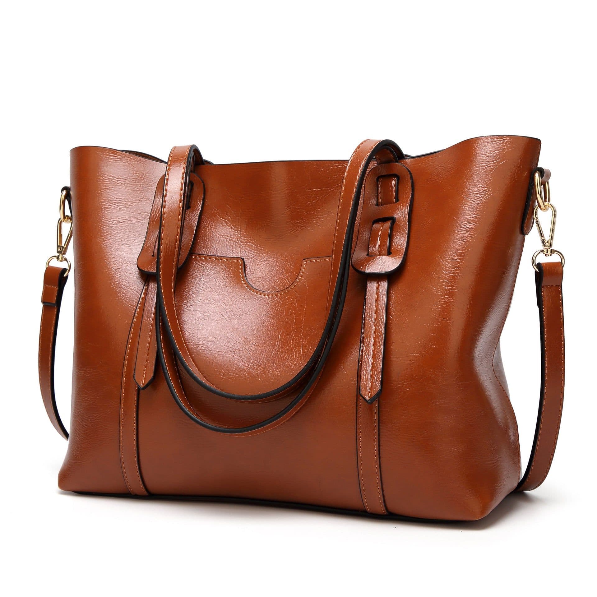 image-Han Yaris Women's PU Leather Tote Handbag - Brown Retro Style