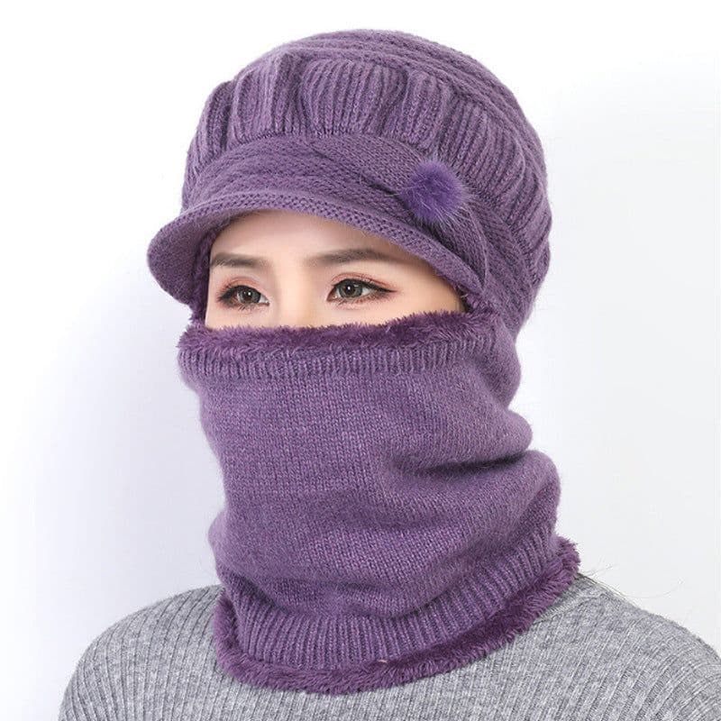 image-Sibeiro Rabbit Fur Knit Hat Scarf Winter Windproof Cap for Women