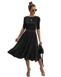 image-Women's Round Neck High Waist Midi Dress B202LQM020