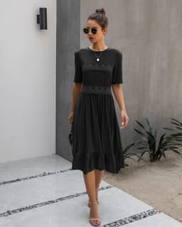 image-Women's Round Neck High Waist Midi Dress B202LQM020