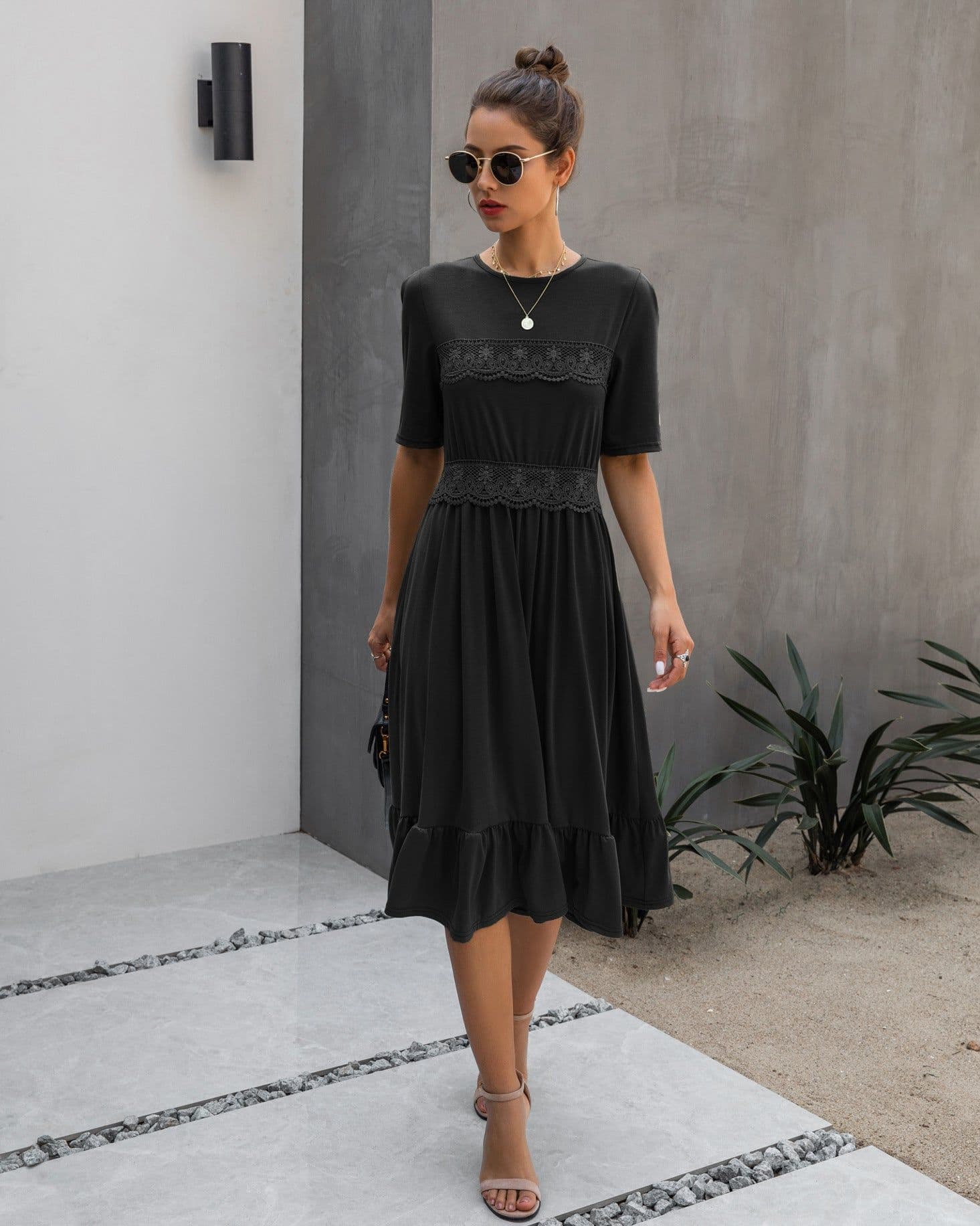 image-Women's Round Neck High Waist Midi Dress B202LQM020