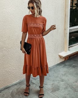 image-Women's Round Neck High Waist Midi Dress B202LQM020