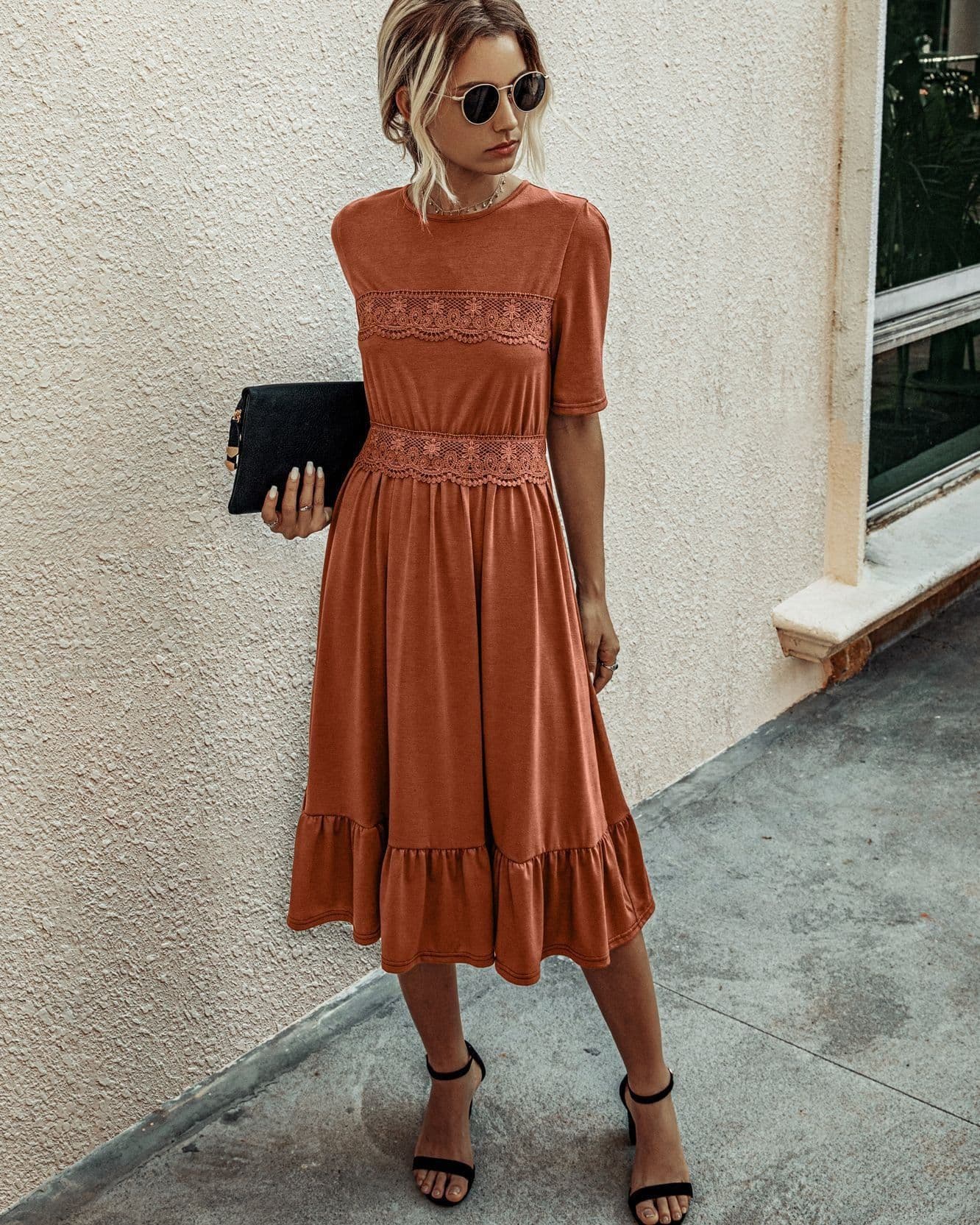 image-Women's Round Neck High Waist Midi Dress B202LQM020