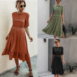 image-Women's Round Neck High Waist Midi Dress B202LQM020