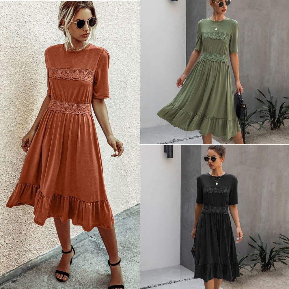 image-Women's Round Neck High Waist Midi Dress B202LQM020