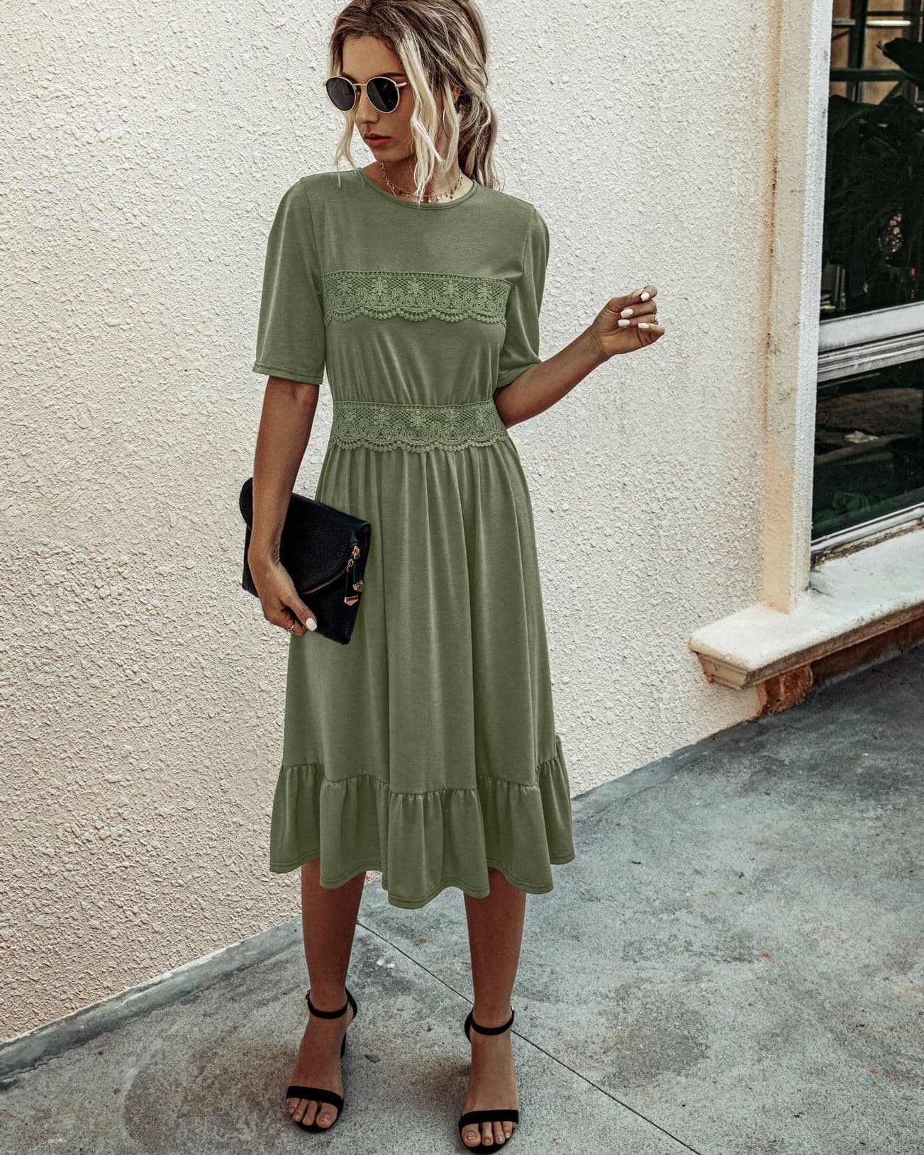 image-Women's Round Neck High Waist Midi Dress B202LQM020