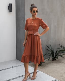 image-Women's Round Neck High Waist Midi Dress B202LQM020