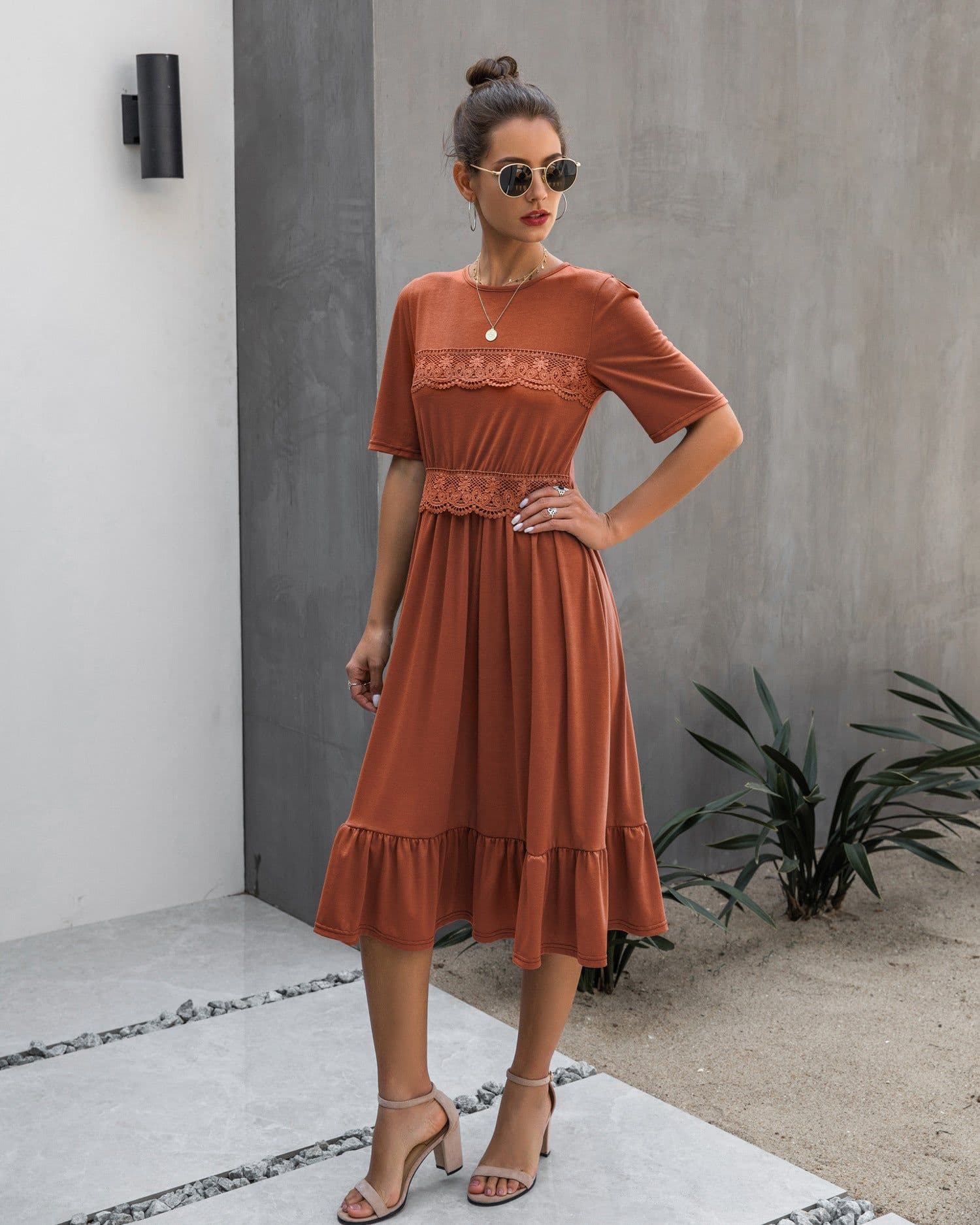 image-Women's Round Neck High Waist Midi Dress B202LQM020