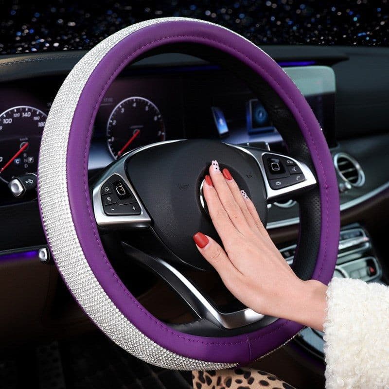 image-Rhinestone Crystal Diamond Car Steering Wheel Cover 38cm Black