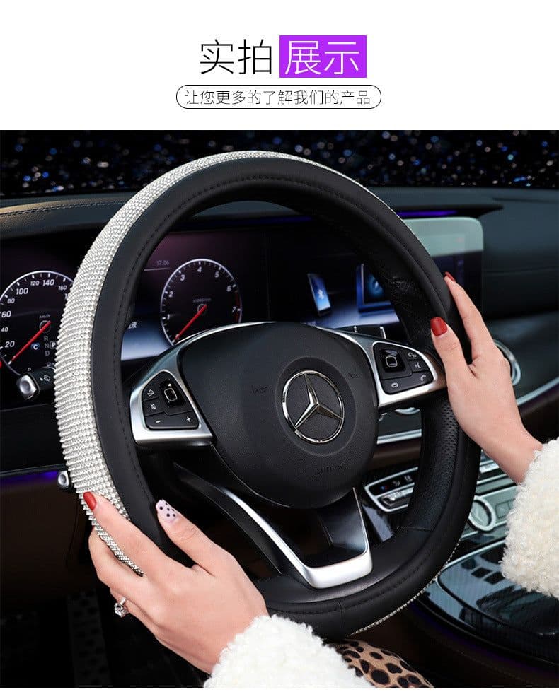 image-Rhinestone Crystal Diamond Car Steering Wheel Cover 38cm Black