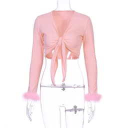 image-Women's Cropped Long Sleeve Tie Front T-Shirt Pink V-Neck Top